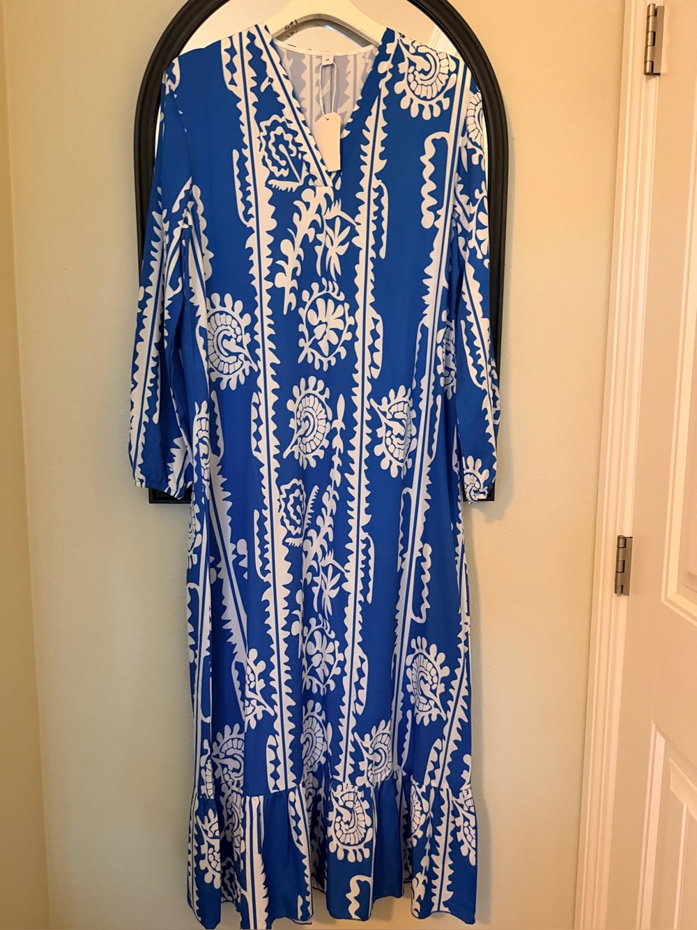 Blue and White Printed V-Neck Midi Dress